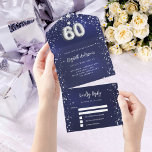 60e Verjaardag marineblauw zilveren sterren rsvp All In One Uitnodiging<br><div class="desc">Een marineblauwe achtergrond,  versierd met sterren. De blauwe kleur is ongelijk. Personaliseer en voeg naam,  partijgegevens,  RSVP-datum,  retouradres en naam toe. Nummer 60 is geschreven met een ballon stijl lettertype.</div>