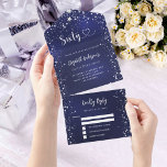 60e Verjaardag marineblauw zilveren sterren rsvp All In One Uitnodiging<br><div class="desc">Een marineblauwe achtergrond,  versierd met sterren. De blauwe kleur is ongelijk. Personaliseer en voeg naam,  partijgegevens,  RSVP-datum,  retouradres en naam toe. Zestig is geschreven met een hart.</div>