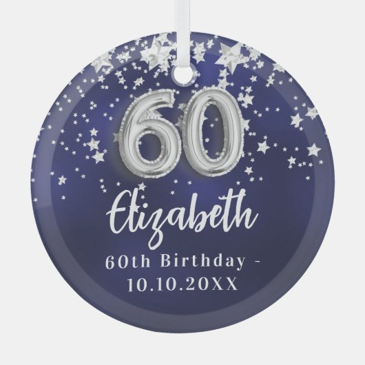 60e verjaardag marineblauwe zilveren sterren glas ornament (Voorkant)
