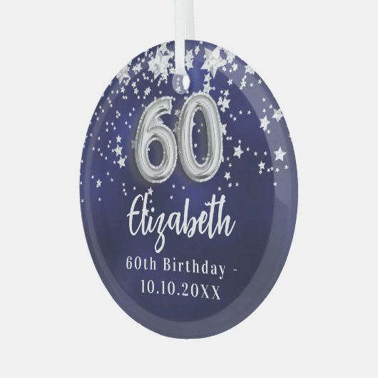 60e verjaardag marineblauwe zilveren sterren glas ornament (Voorkant links)