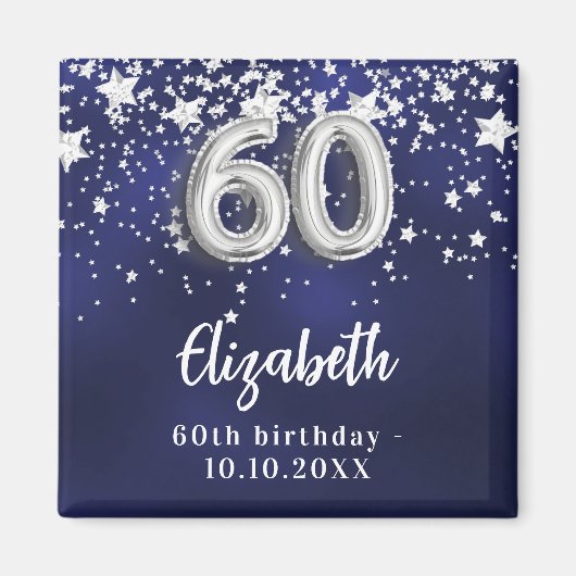 60e verjaardag marineblauwe zilveren sterren magneet (Voorkant)