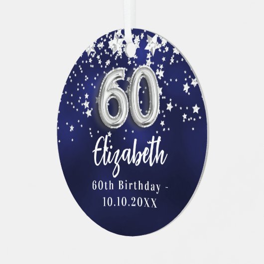 60e verjaardag marineblauwe zilveren sterren metalen ornament (Voorkant links)