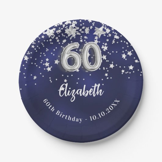 60e verjaardag marineblauwe zilveren sterren papieren bordje (Voorkant)