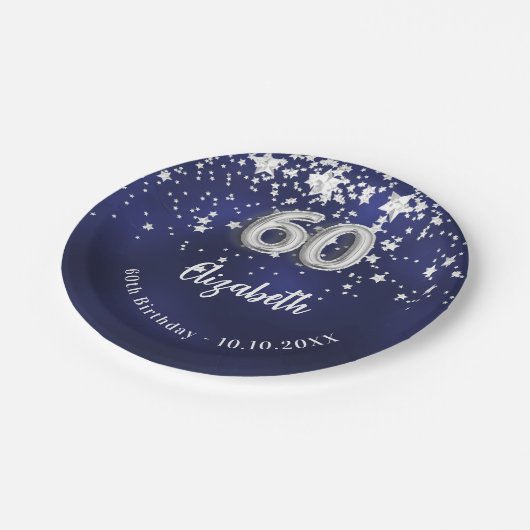 60e verjaardag marineblauwe zilveren sterren papieren bordje (Gekanteld)