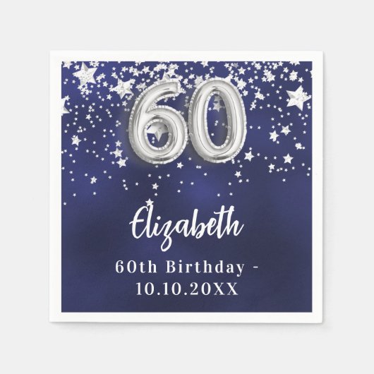 60e verjaardag marineblauwe zilveren sterren servet (Voorkant)