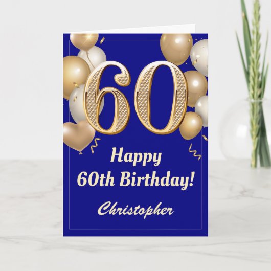 60e verjaardag marinenblauw en gouden ballonnen Co Kaart (Voorkant)