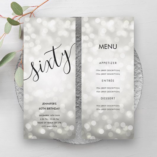 60e verjaardag Menu Zilveren Glitter Lights Kaart