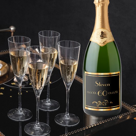60e verjaardag met elegant zwart en goud sparkling wijnetiket