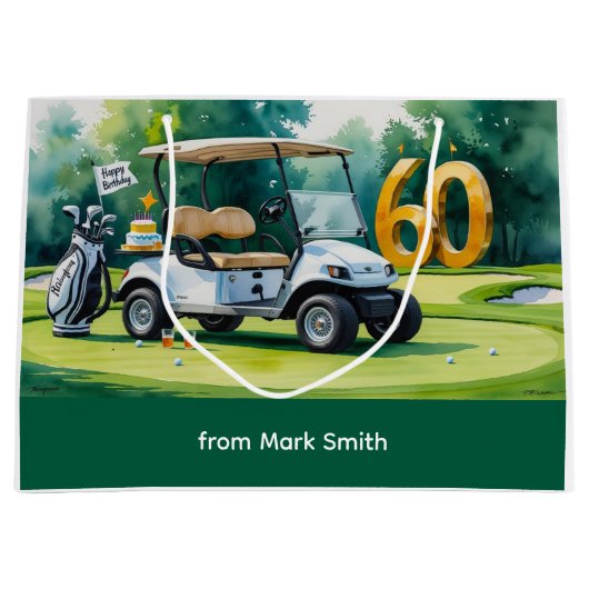 60e verjaardag met golfkar waterverf groot cadeauzakje (Voorkant)