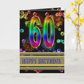 60e verjaardag met regenboogbubbels en vuurwerk kaart (Gele Bloem)