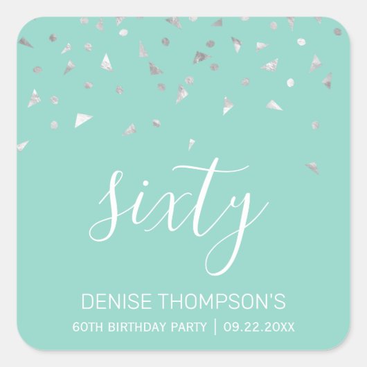 60e verjaardag Mint Green Silver Confetti Vierkante Sticker (Voorkant)