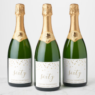 60e verjaardag Modern gouden driehoek confetti Wit Sparkling Wijnetiket