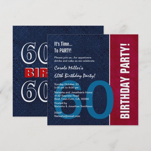 60e verjaardag Modern Red Blue White Metallic v8 Kaart (Voorkant / Achterkant)