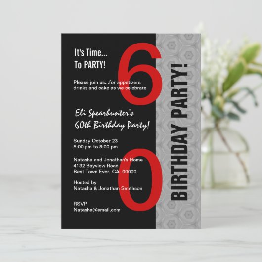 60e verjaardag Modern Red Silver Black D845 Kaart (Staand voorkant)