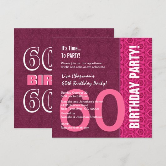 60e verjaardag Moderne Roze en wijn C949A Kaart (Voorkant / Achterkant)