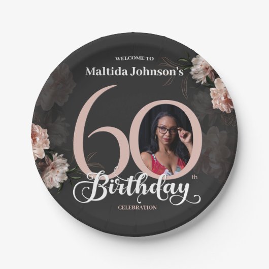 60e verjaardag Moody Floral Pink Custom Foto Papieren Bordje (Voorkant)