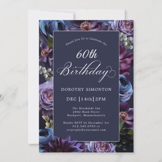 60e verjaardag Moody Paarse Bloemenuitnodiging Kaart (Voorkant)