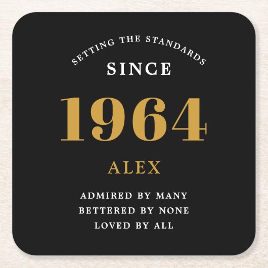 60e Verjaardag Naam 1964 Zwart Goud Elegant Chic Kartonnen Onderzetters (Voorkant)