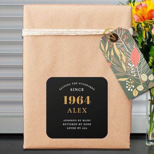 60e Verjaardag Naam 1964 Zwart Goud Elegant Chic Vierkante Sticker