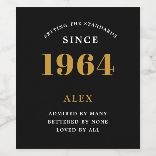 60e Verjaardag Naam 1964 Zwart Goud Elegant Chic Wijn Etiket (Enkel label)