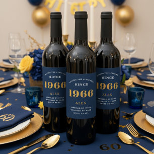 60e verjaardag naam 1966 Blauw Goud Elegant Chic Wijn Etiket