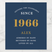 60e verjaardag naam 1966 Blauw Goud Elegant Chic Wijn Etiket (Enkel label)