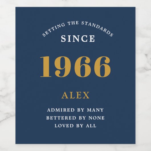 60e verjaardag naam 1966 Blauw Goud Elegant Chic Wijn Etiket (Enkel label)
