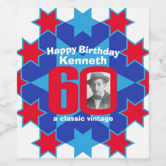 60e verjaardag naam foto aangepaste wijnlabels wijn etiket (Enkel label)