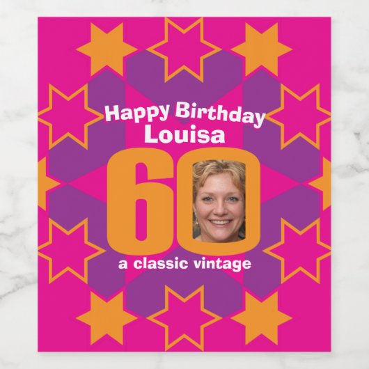 60e verjaardag naam roze foto aangepaste wijnlabel wijn etiket (Enkel label)