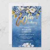 60e verjaardag Navy Blauw en Gouden Bloemen Kaart (Voorkant)
