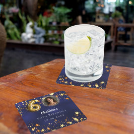 60e verjaardag navy blauw goud sterren foto kartonnen onderzetters