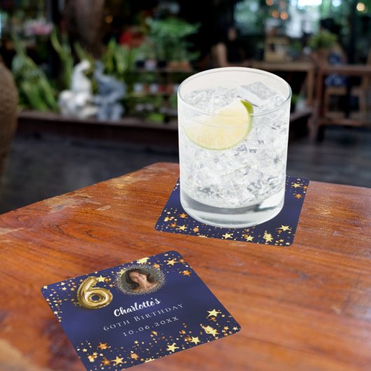 60e verjaardag navy blauw goud sterren foto kartonnen onderzetters