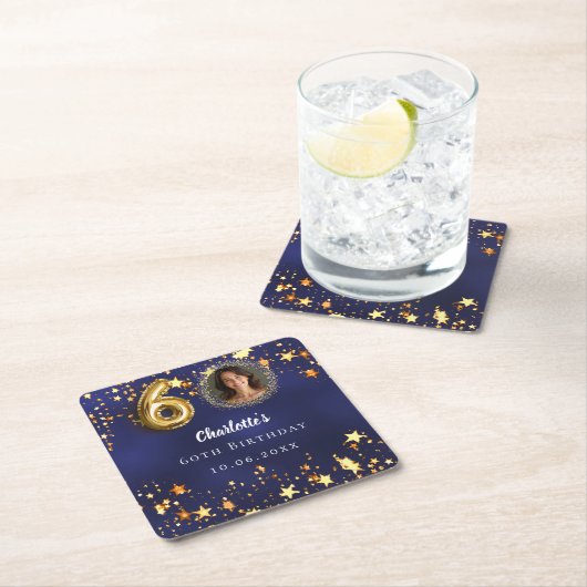 60e verjaardag navy blauw goud sterren foto kartonnen onderzetters (Insitu)