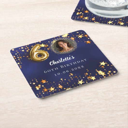 60e verjaardag navy blauw goud sterren foto kartonnen onderzetters (Schuin)