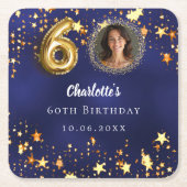 60e verjaardag navy blauw goud sterren foto kartonnen onderzetters (Voorkant)