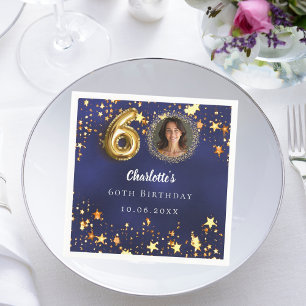 60e verjaardag navy blauw goud sterren foto servet