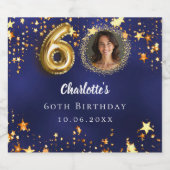 60e verjaardag navy blauw goud sterren foto sparkling wijnetiket (Enkel label)