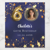 60e verjaardag navy blauw goud sterren foto wijn etiket (Enkel label)