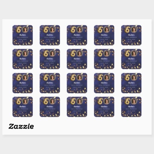 60e verjaardag navy blauw gouden sterren foto vierkante sticker (Vel)