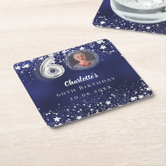 60e verjaardag navy blauw zilveren sterren foto kartonnen onderzetters (Schuin)