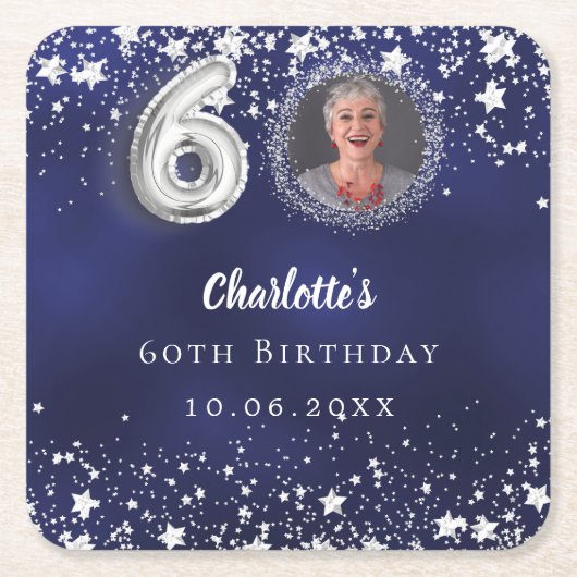 60e verjaardag navy blauw zilveren sterren foto kartonnen onderzetters (Voorkant)