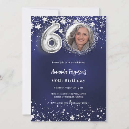 60e verjaardag navy blauw zilveren sterren foto lu kaart (Voorkant)