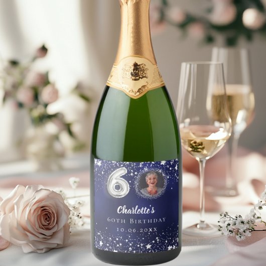 60e verjaardag navy blauw zilveren sterren foto sparkling wijnetiket
