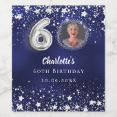 60e verjaardag navy blauw zilveren sterren foto wijn etiket (Enkel label)
