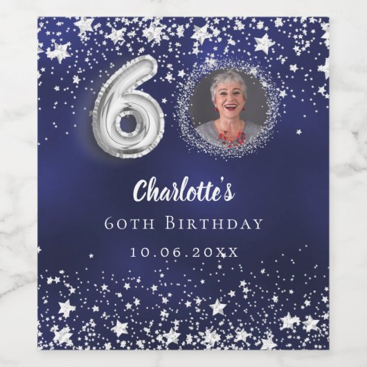 60e verjaardag navy blauw zilveren sterren foto wijn etiket (Enkel label)