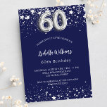 60e verjaardag navy blauw zilveren sterren luxe kaart<br><div class="desc">Een moderne,  stijlvolle en glamoureuze uitnodiging voor een 60ste verjaardagsfeestje. Een blauwe achtergrond voor de marine,  versierd met faux zilveren sterren. Personaliseer en voeg jouw naam en partijdetails toe. Nummer 60 wordt geschreven met een ballonstijllettertype.</div>
