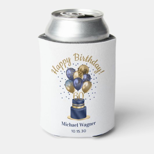 60e verjaardag Navy Blauwe Ballon Cake Blikjeskoeler (Blikje Achterkant)