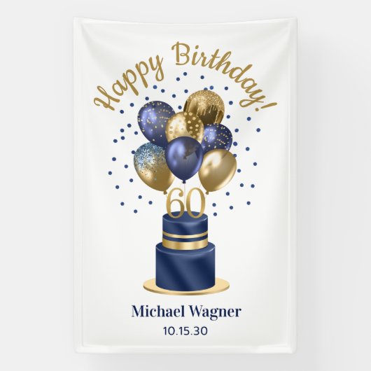 60e verjaardag Navy Blauwe Ballon Cake Spandoek (Verticaal)