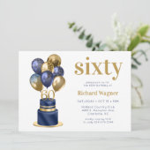 60e verjaardag Navy Blue Balloon Cake Kaart (Staand voorkant)
