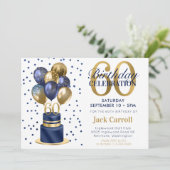 60e verjaardag Navy Blue Balloon Cake Kaart (Staand voorkant)